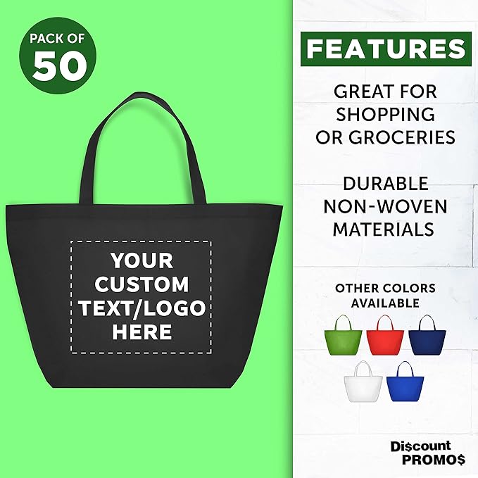 DISCOUNT PROMOS Custom Southern Style Grocery Tote Bags Set of 50 - Personalized Bulk Pack, Reusable Grocery & Shopping Bags - Great for Travel, Carry on Bag, Business Promotions - Black - 20"X13"X8"