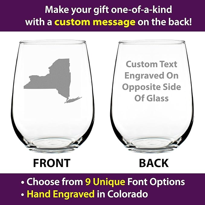 Custom New York State Outline Personalized Stemless Wine Glass - State Themed Drinking Decor and Gifts for New Yorker Women & Men - Large 17 Oz Glasses - Customized Wine Glass Gift