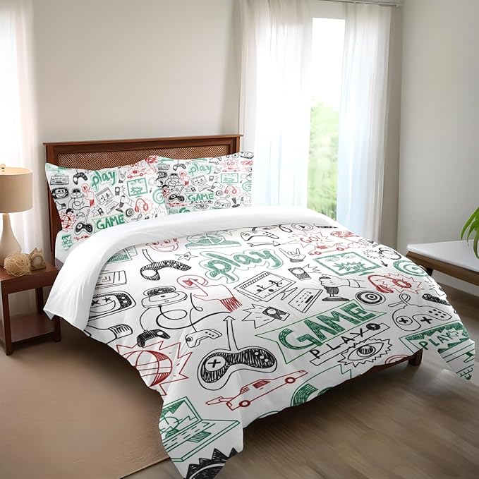 Game Comforter Sets for Boys Teen Twin Size,Kids Video Games Bedding Set Sketch Style Athletic Racing Game Design Bedroom Home Decor