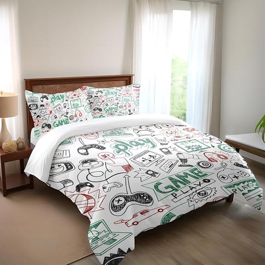 Game Comforter Sets for Boys Teen Twin Size,Kids Video Games Bedding Set Sketch Style Athletic Racing Game Design Bedroom Home Decor