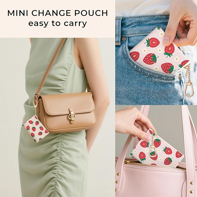 Strawberry Cute Keychain Coin Purse for Women, Small PU Leather Change Pouch, Zipper Little Tiny Travel Wallet for Girls, Cute Kawaii Zip Pocket Coin Holder with Key Ring