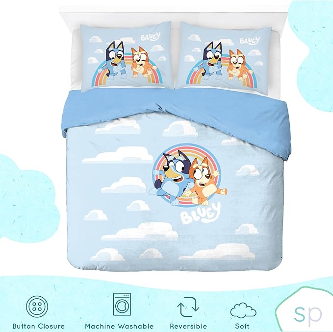 Saturday Park Bluey and Bingo Rainbow Clouds Full/Queen Duvet Cover & Sham Set - 3 Piece 100% Organic Cotton Duvet Set - GOTS & Oeko-TEX Certified