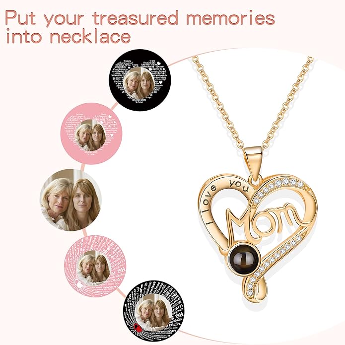 SUPHELPU Personalized Mother's Day Gifts for Mom From Daughter - Custom Photo Necklace With Picture Inside - Projection Necklace for Mom - Memorial Gift