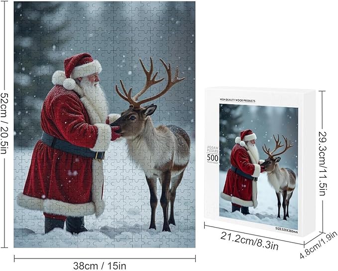 Puzzles for Adults 500 Pieces Wooden Jigsaw Puzzle - Santa Claus and Reindeer Christmas Series Theme Puzzle，Party Games，Family Toys，Educational Puzzles，Stress Relief Wooden Puzzle，Home Decoration