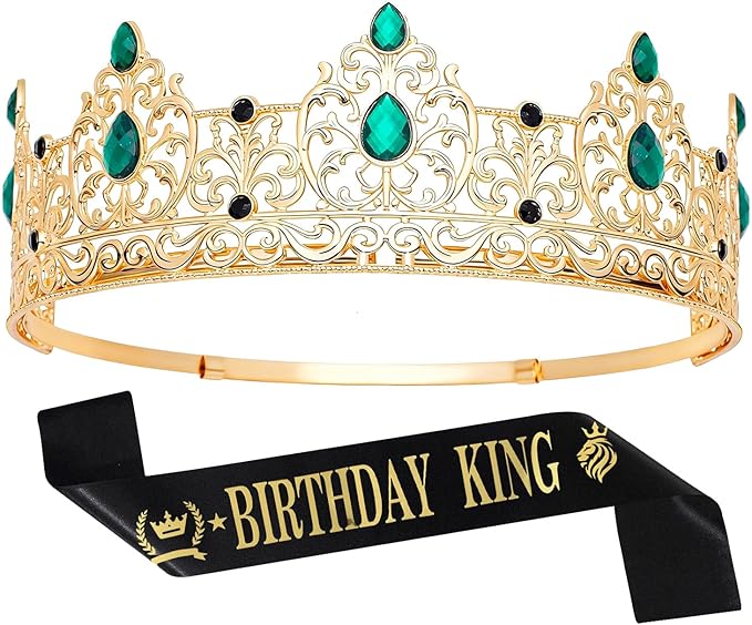 King Crown & Birthday Sash for Birthday Prom Party, Prom Decoration Gifts for Men, Costume Wedding Halloween