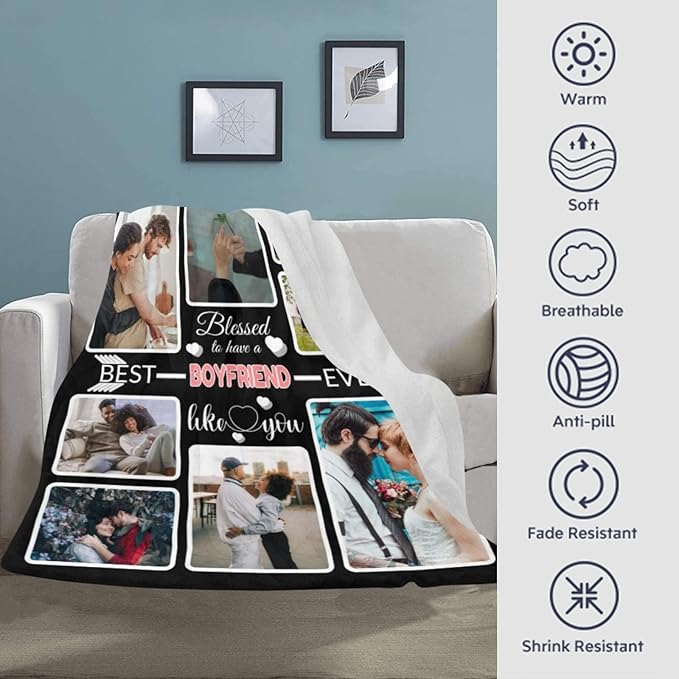 Custom Blanket Gifts for Boyfriend, Customized Blankets with Photos, Make a Personalized Bed Throws, Custom Souvenir Throw Blanket for Best Boyfriend Ever, 8 Collages Made in USA