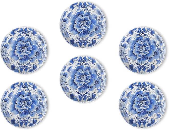 Fridge Magnets 6 Pcs Blue and White Flower Tapestry with Delicate Details Round Strong Magnetic Glass Small Refrigerator Magnet,Home Decoration for Office Whiteboard,Classroom,Cabinet and Dishwasher