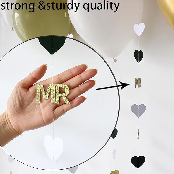 Sage Green Wedding Party Decorations Gold/Green/White Heart Mr and Mrs Garland with Balloons for Bridal Shower Engagement Bachelorette Party