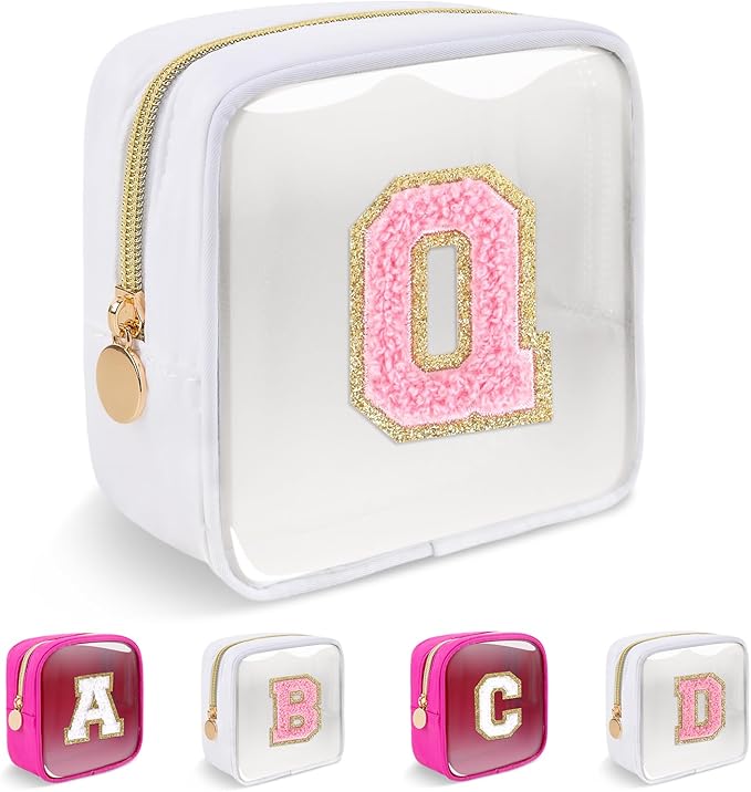 Personalized Initial Letter Clear Preppy Makeup Bag,Mini Nylon Chenille Letter Cosmetic Bag Cute Zipper Pouch Purse for Teen Girls,Portable TSA Approved Beach Travel Essentials Bag Gift for Women,Q