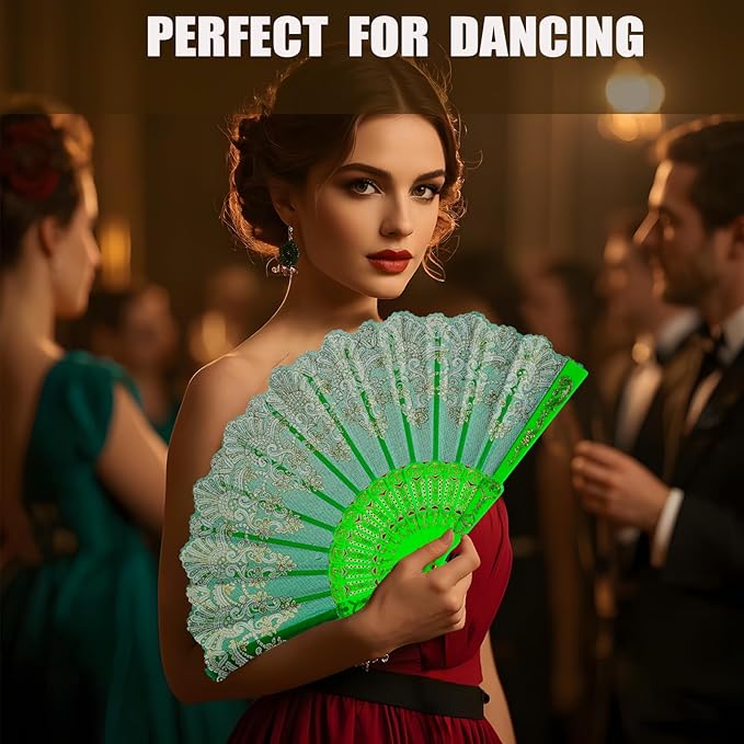 QIRMIZI 30 Pack Folding Handheld Fans,Silk Spanish Fan, Perfect for Weddings, Parties, and Dancing,Green