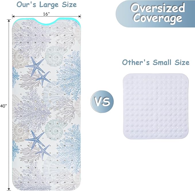Bathtub Mat Non Slip, Extra Long Bath tub Mat Shower Floor Mat with Suction Cups and Drain Holes for Adults Kids Elderly 40 X 16 Inch