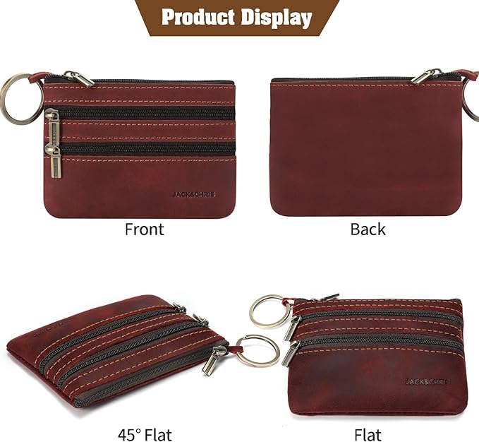 Jack&Chris Coin Purse Pouch for Men, Genuine Leather Coin Purse Zipper Pocket with Keychain Ring, Coin Bag for Men,JC301-Red
