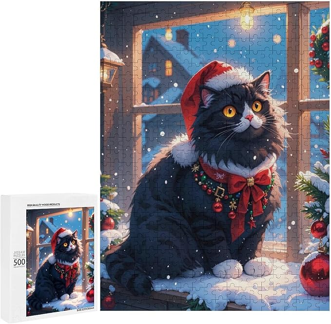 Jigsaw Puzzles for Adults 500 Piece - Christmas Black Cat Wooden Puzzles, Challenge Puzzles Puzzle Games, Stress Relief Games, Funny Puzzles