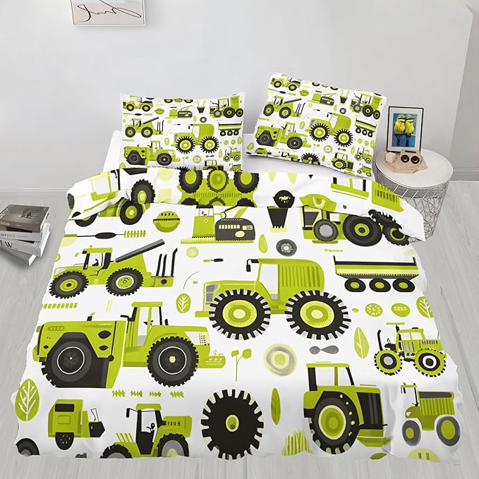 Engineering Vehicle Duvet Cover Queen Size Cartoon Tractor Bedding Set Agricultural Vehicle Comforter Set Farm Machinery Car Quilt Cover Soft Microfiber for Bedroom