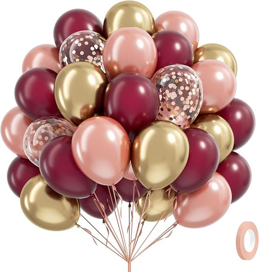 60pcs Burgundy and gold Balloons 12inch with Maroon Pearl Rose Gold Confetti Metallic Gold Balloons for Wedding Bridal Shower Anniversary Birthday Party Decorations