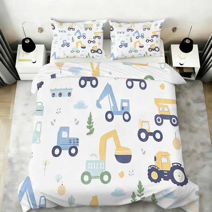 Cartoon Construction Vehicles Duvet Cover California King Excavator Bulldozer Bedding Set Trucks Car Comforter Set Kids Engineering-Themed Duvet Cover with Zipper Ties for Bedroom