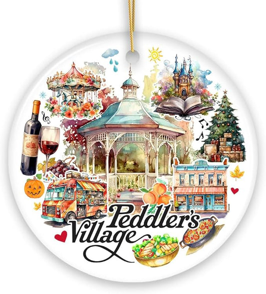Peddler’s Village Artistic Ornament with Rustic Pennsylvania Scenery, Vintage Ceramic Christmas Souvenir