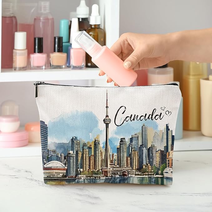 Canada Souvenirs Makeup Bag - Canada Gifts for Traveler, Montréal CN Tower Toronto Landscape Majestic Scene of Canda, Birthday Gifts for Travel Enthusiast