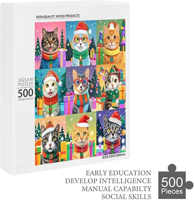 Wooden Puzzle 500 Pieces Adult - Christmas Cat Puzzle Christmas Puzzles, Holiday Puzzles, Family Toys, Party Games, Jigsaw Puzzle Challenge and Funny