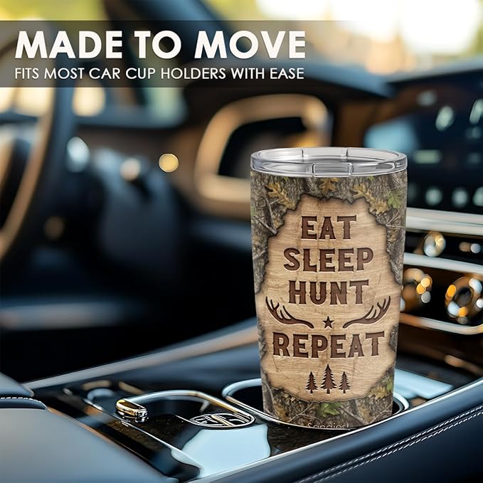 SANDJEST Hunting Tumbler 20oz, Stainless Steel Travel Cup with Lid, Eat Sleap Hunt Repeat Insulated Coffee Mug, Hunting Gifts for Men Friends Dad Grandfather on Birthday Christmas