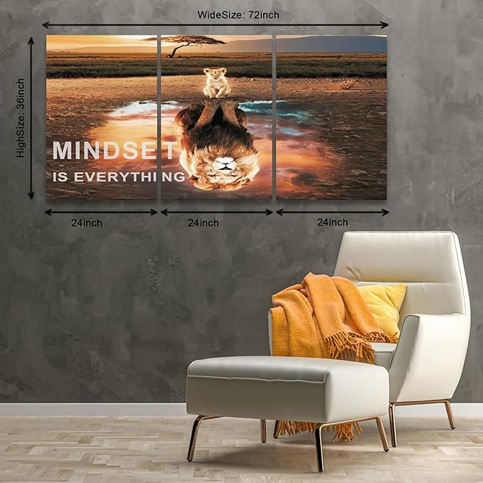 Mindset Is Everything Wall Art Lion Motivational Canvas Wall Art Posters Prints 3 Pieces Inspirational Quote Painting for Office Bedroom Decor