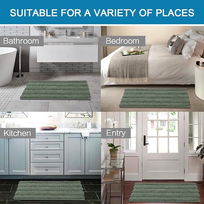 H.VERSAILTEX Bathroom Rugs Bath Rugs Non Slip Bath Mats Extra Thick Chenille Striped Rug 17" x 24" Absorbent Soft Shaggy Washable Dry Fast Bath Mats for Bathroom Floor - Green Bay