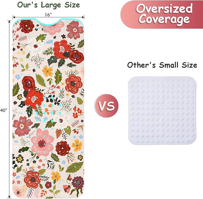 Bathtub Mat Non Slip, Bohemia Extra Long Bath tub Mat Shower Floor Mat with Suction Cups and Drain Holes for Adults Kids Elderly 40 X 16 Inch