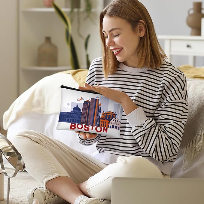 Reginary 6 Pcs City Cosmetic Bag Souvenir Gifts New York Zipper Pouch Chicago Souvenir Seattle Boston Nashville London Paris Italy Alaska Gifts Memento for Women Traveler(Boston)