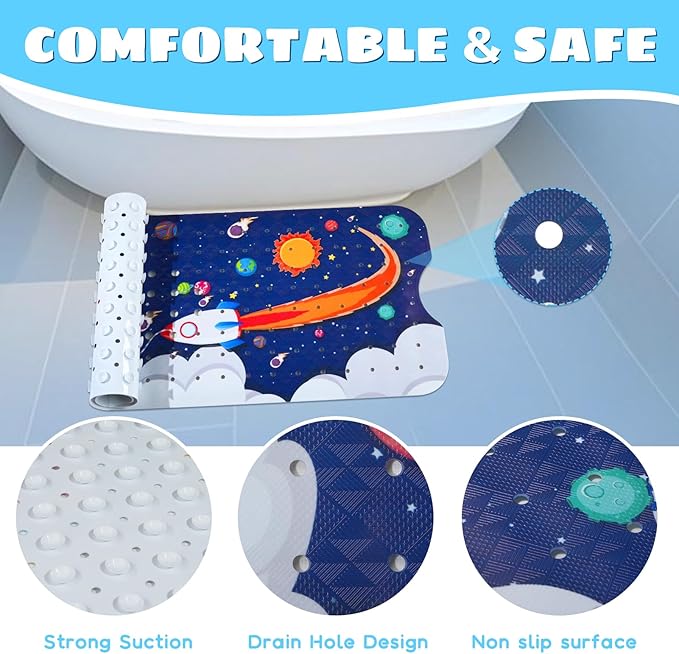Baby Bath Mat for Tub Non Slip Kids Bathtub Mat Extra Long 40X16 Inch Toddler Bath Tub Shower Mat Anti Slip with Suction Cups & Drain Holes, Machine Washable (Space)