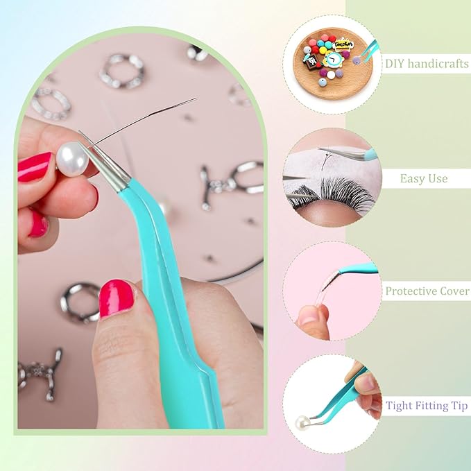 Honoson 9 Pieces Curved Pointed Craft Tweezers Stainless Steel Precision Tweezer with Protective Cover for Rhinestones Dried Flowers Craft Stickers Eyelash Extension Jewelry Making(Blue)