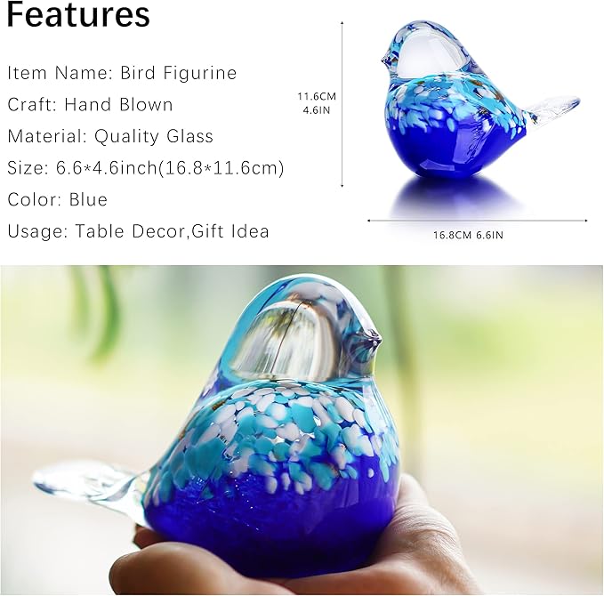 QFkris 6.5inch Blown Glass Blue Bird Figurine Collectibles Handmade Art Glass Animal Paperweight,Home Decoration Tabletop Centerpiece for Bird Lover