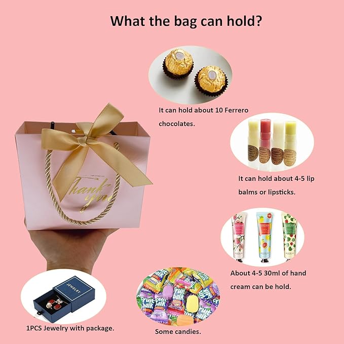 TKSBAG 100 Pack Small Thank You Gift Bags with Handles, 5.5''x 2.5''x4.7'' Mini Pink Gift Bags Bulk for Baby Shower, Birthday, Wedding, Party Favors