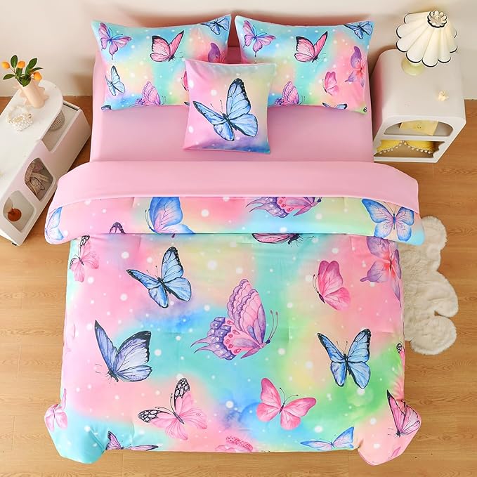 6 Pcs Bed in A Bag Twin Comforter Set for Girls,Pink Butterfly Bedding,Butterfly Comforter Sets with Sheets for Kids