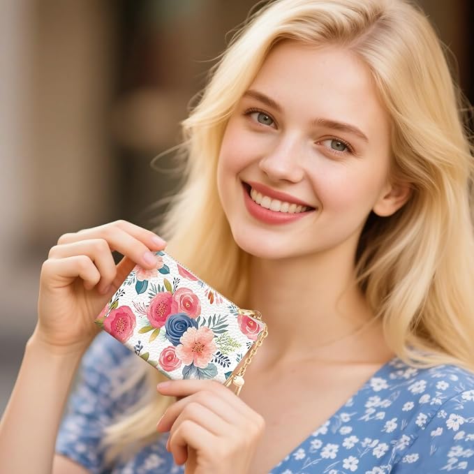 Watercolor Floral Keychain Coin Purse for Women, Small PU Leather Change Pouch, Zipper Little Tiny Travel Wallet for Girls, Cute Kawaii Zip Pocket Coin Holder with Key Ring