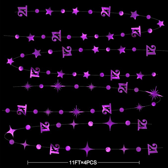 Purple Number 21 Circle Dot Twinkle Star Garland Metallic Hanging Streamer Bunting Banner Backdrop Decoration for Girls Boys 21st Birthday Finally Legal Twenty One Anniversary Wedding Party Supplies
