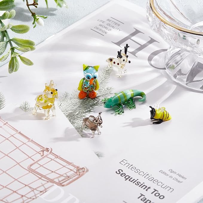 6Pcs Hand Blown Glass Figurines Includes Christmas Reindeer,Birds,Giraffes,Bees,Chameleon,Elephant Glass Figurines for Collectibles, Home Decoration,Gifts