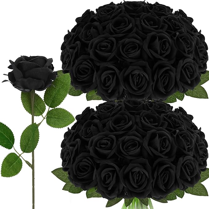 Roses Artificial Flowers, Black Flowers with Stem Valentine Anniversary Sympathy Memorial Gift, Fake Silk Roses Indoor Outdoor Decor for Funeral Wedding Birthday Party Christmas Halloween(24, Black)