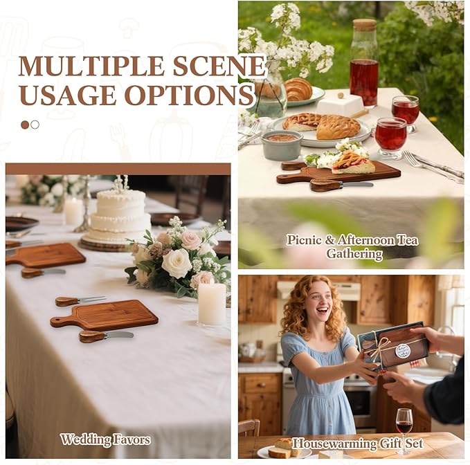 1 Set Bridal Baby Shower Cheese Prizes Wooden Square Board Gift Set Knives Forks Thank You Tags with Box for Guests for Valentines Bridal Baby Shower Housewarming (Carbonized Bamboo)