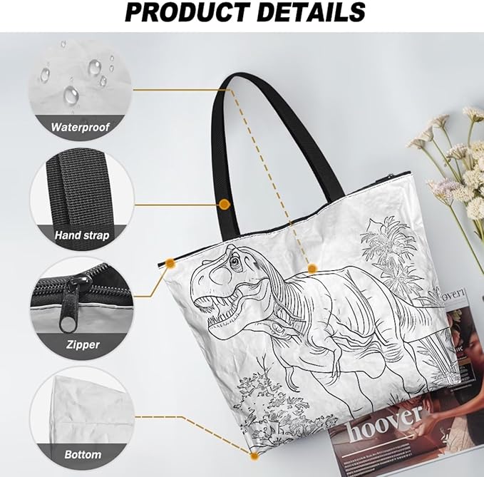 Cartoon Animal Printed DIY Coloring Tote Bag Waterproof Paper Handbags for Women Large Travel Shoulder Bags Purses