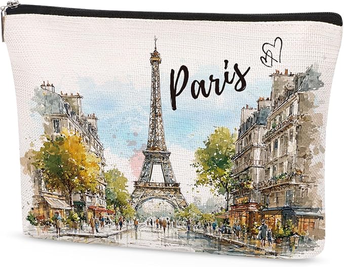 Paris Makeup Bag Gifts for Women – Paris Souvenirs From France Travel Essentials Watercolor Cosmetic Bag with Eiffel Tower Design, Travel Pouch for Girl Toiletries Souvenir Organizer