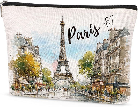 Paris Makeup Bag Gifts for Women – Paris Souvenirs From France Travel Essentials Watercolor Cosmetic Bag with Eiffel Tower Design, Travel Pouch for Girl Toiletries Souvenir Organizer