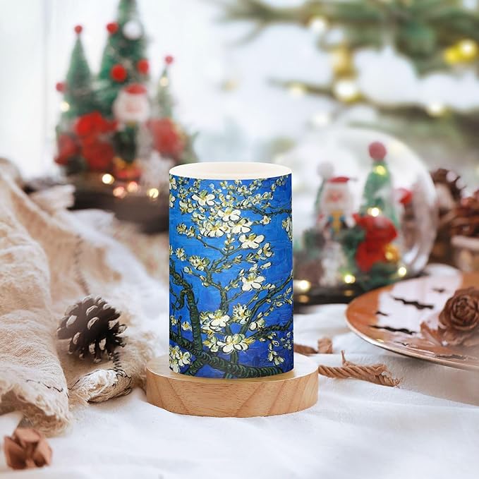 Van Gogh Almond Blossom Flickering Flameless Candles Battery Operated with Remote Timer,Tea Light Candles LED Pillar Votive Candles Set of 2 for Outdoor Indoor Decorations