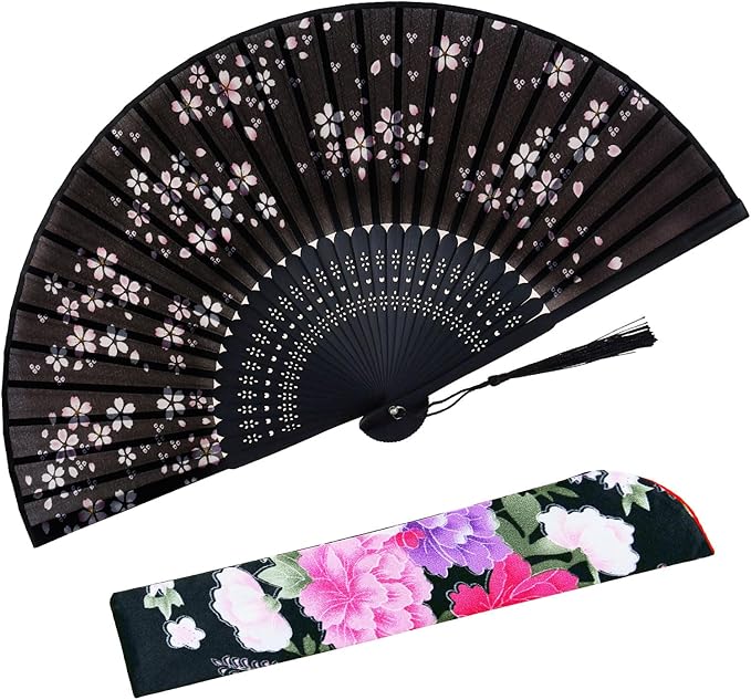 Hand Held Fan for Women Foldable, Chinese Japanese Vintage Bamboo Silk Folding Fans Hand Fan for Dance Music Festival Wedding Church Decoration (Black Little Sakura)