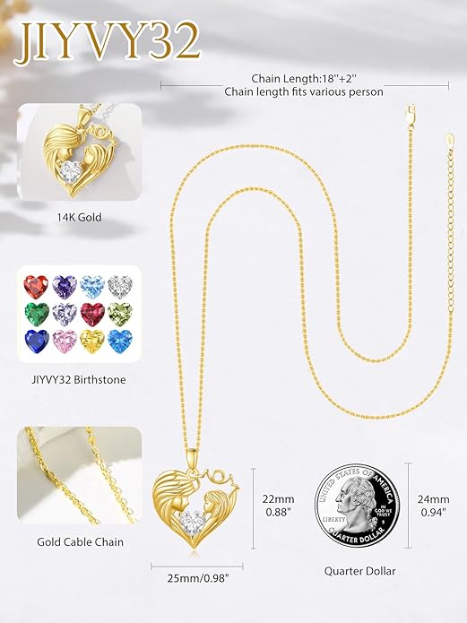 Mother and Daughter/Son Love Heart Necklace White Gold/14K Gold/Rose Gold Birthstone Jewelry Christmas Mothers Day Birthday Gifts For Mom Wife Grandma Women