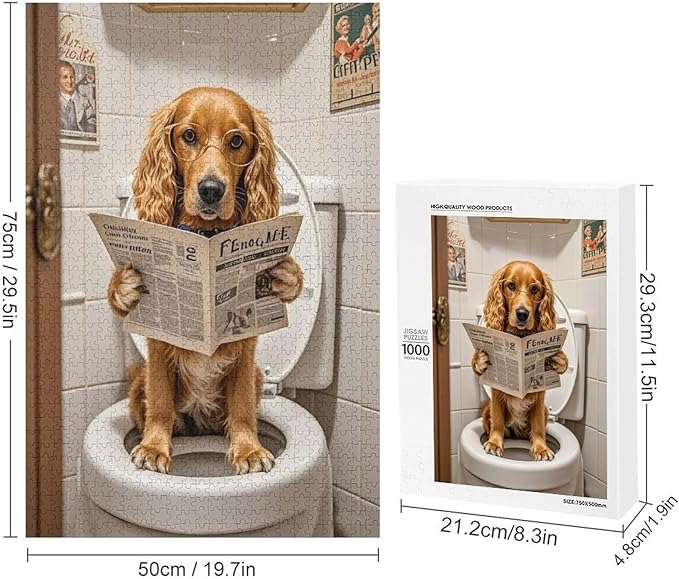 Funny Wooden Puzzle - Goldendoodle on Toilet Reading Newspaper Puzzle for Adult 1000 Piece，Wooden Jigsaw Puzzles Art Leisure Game Fun Suitable Family Friends Educational Learning Games Gift