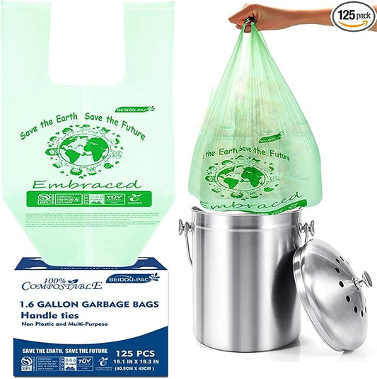 BEIDOU-PAC 1.6 Gallon Compostable Trash Bags with Handle, 125 Count Small Compost Bags, Biodegradable Kitchen Garbage Bags, Food Scrap Waste Bags for Countertop Bin, ASTM D6400, US BPI Certified