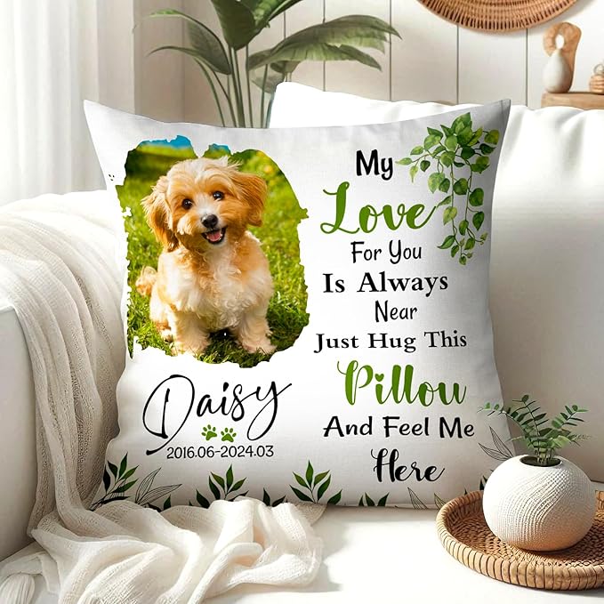 Personalized Memorial Throw Pillow with Photo (Insert Included), Sympathy Gift for Pet Loss, Customized Pillow Pets for Dog and Cat Owners (Green)