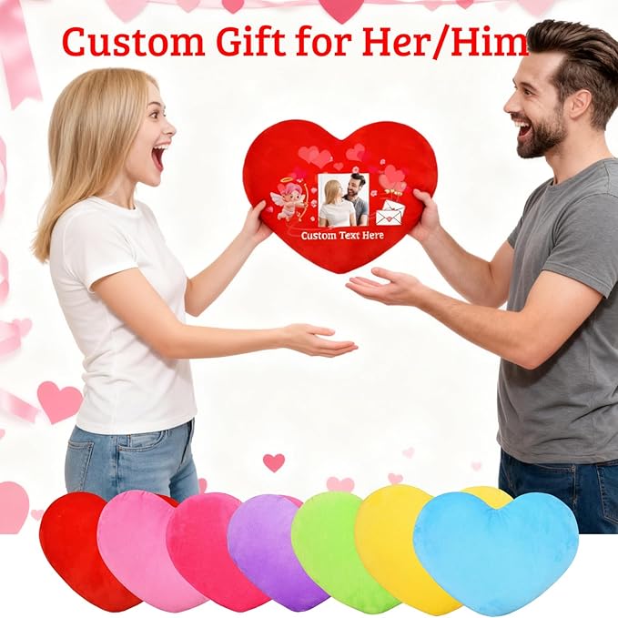 Custom Heart Pillow with Insert, Personalized Heart Shaped Pillow with Photo Text as Valentine Pillows for Girlfriend Boyfriend Home Decor Personalized Gifts for Valentines Day Anniversary