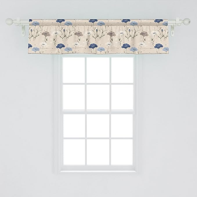 Ambesonne Garden Window Valance Pack of 2, Floral Melancholy Blooming Poppy Flowers with Leaves on Dotted Back, Rod Pocket Curtain Valances for Kitchen Bedroom, 54" X 12", Beige Night Blue Dark Tan