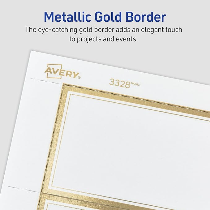 Avery Printable Tent Cards, 2" x 3.5", White, Metallic Gold Borders, Laser/Inkjet Printable, 80 Blank Place Cards (3328)